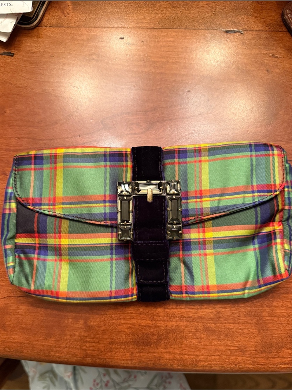 J. Crew Green Plaid Clutch with Velvet Strap and Jewel Buckle